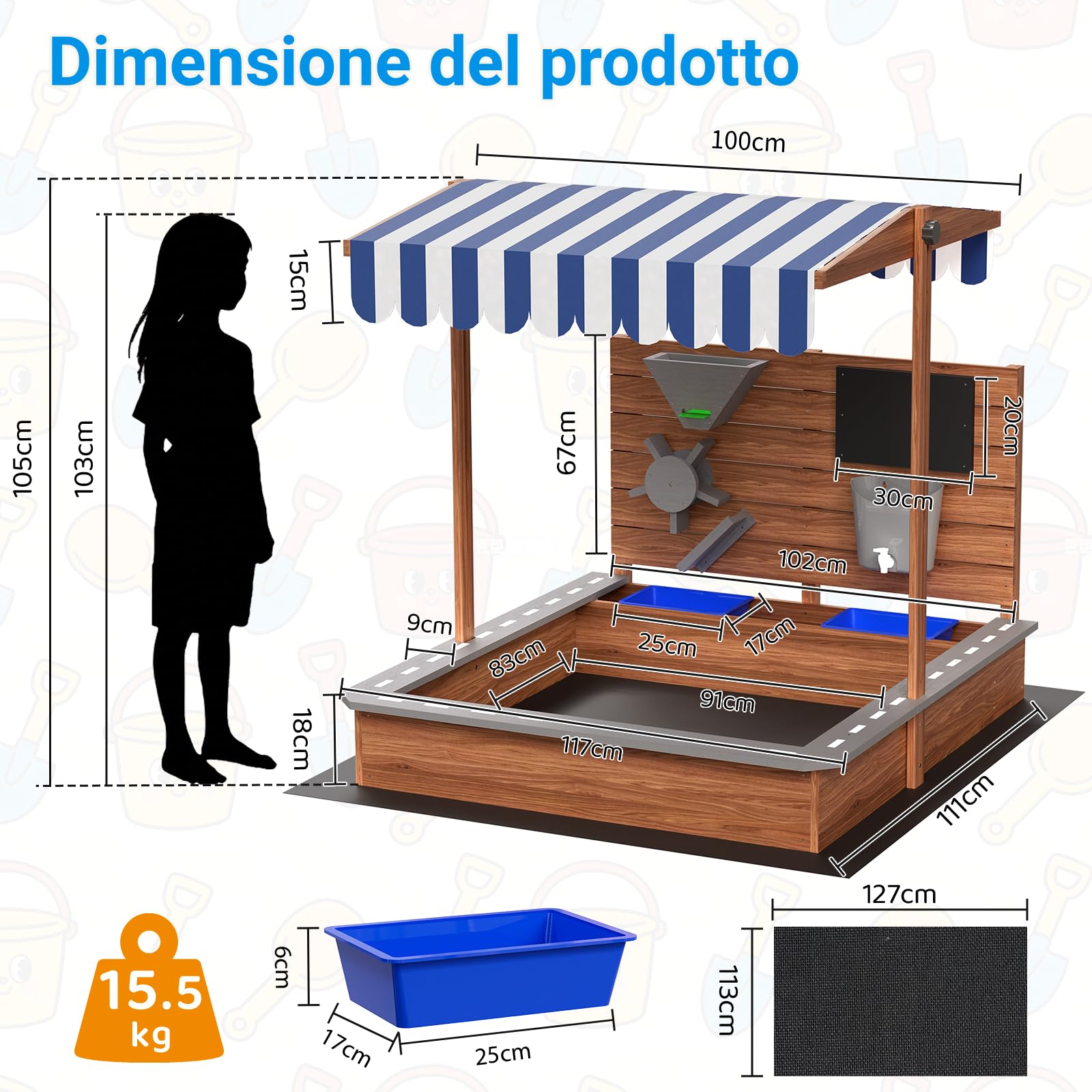 MAMIZO Sabbiere in Legno per Bambini 3-10 anni, Sandbox da Esterno Tetto Regolabile, Recinto di Sabbia con Lavagna, Rubinetto, 2 Bacinella, Playhouse per Giardini, Spiagge, Balconi, 100x111x105 CM