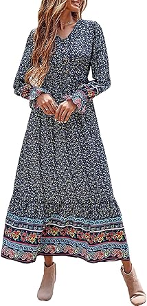 PRETTYGARDEN Long Sleeve Maxi Dress for Women V Neck Casual Button Down Boho Long Floral Dresses