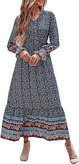 PRETTYGARDEN Long Sleeve Maxi Dress for Women V Neck Casual Button Down Boho Long Floral Dresses