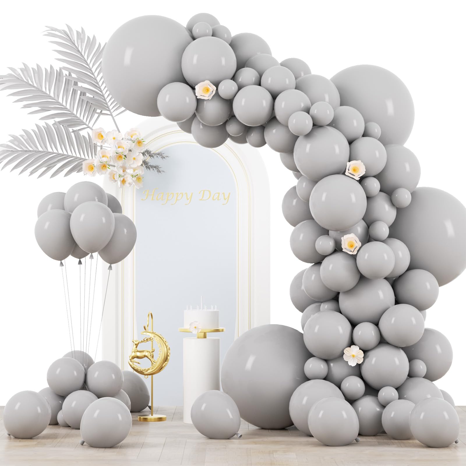 Voircoloria 130pcs Gray Balloons Garland Arch Kit, 18 12 10 5 Inch