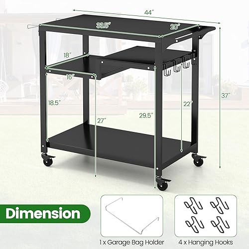 Miniatura 8 de HAPPYGRILL Carrito de parrilla al aire libre, soporte para horno de pizza con ruedas bloqueables, mesas de parrilla para exteriores con soporte para