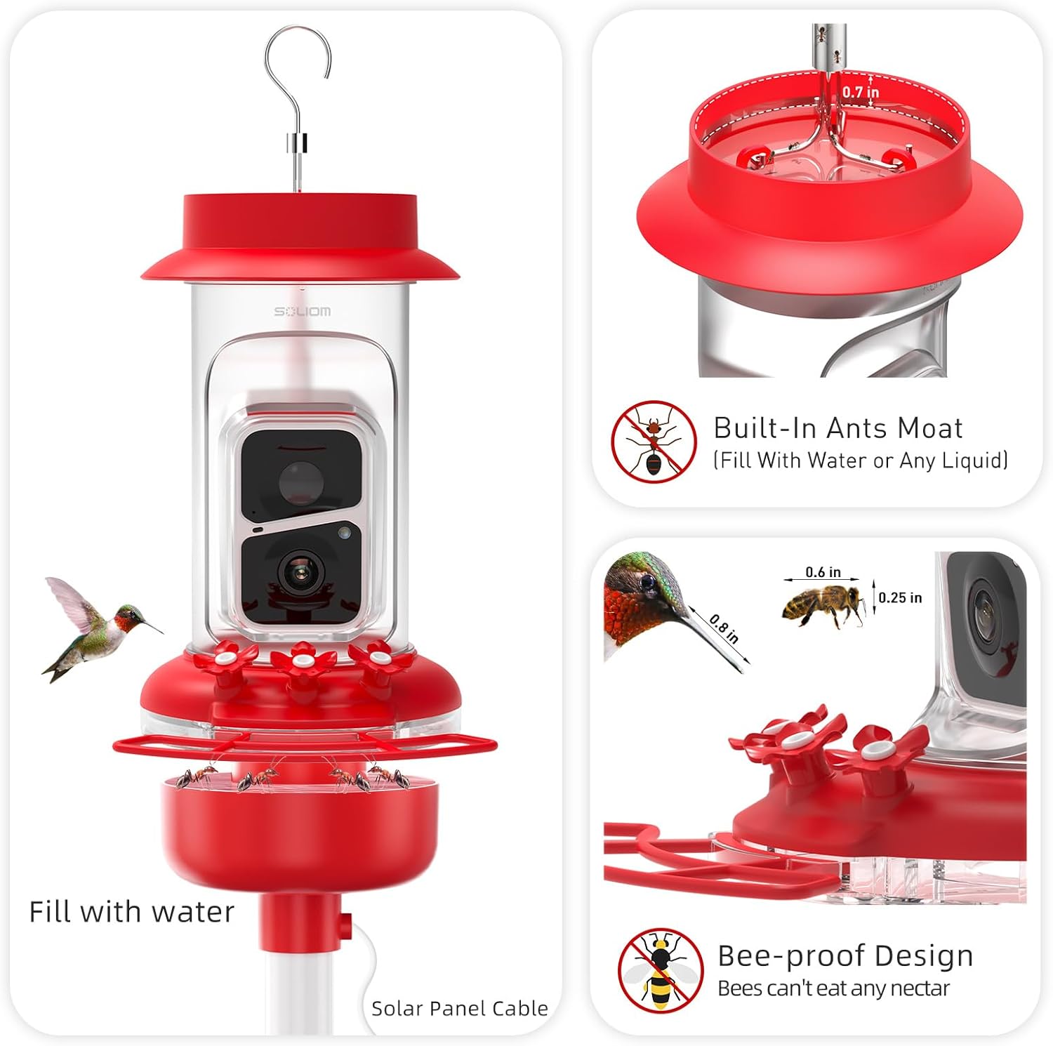 Soliom Hummingbird Feeder with Camera, Smart Bird Feeder Camera with 2K Live View AI Identify Species, Leak Proof & Ant Moat & Bee Proof, Outdoor Pole/Hook Hanging, 16 OZ Ideal Gifts for Family-Red - Image 8