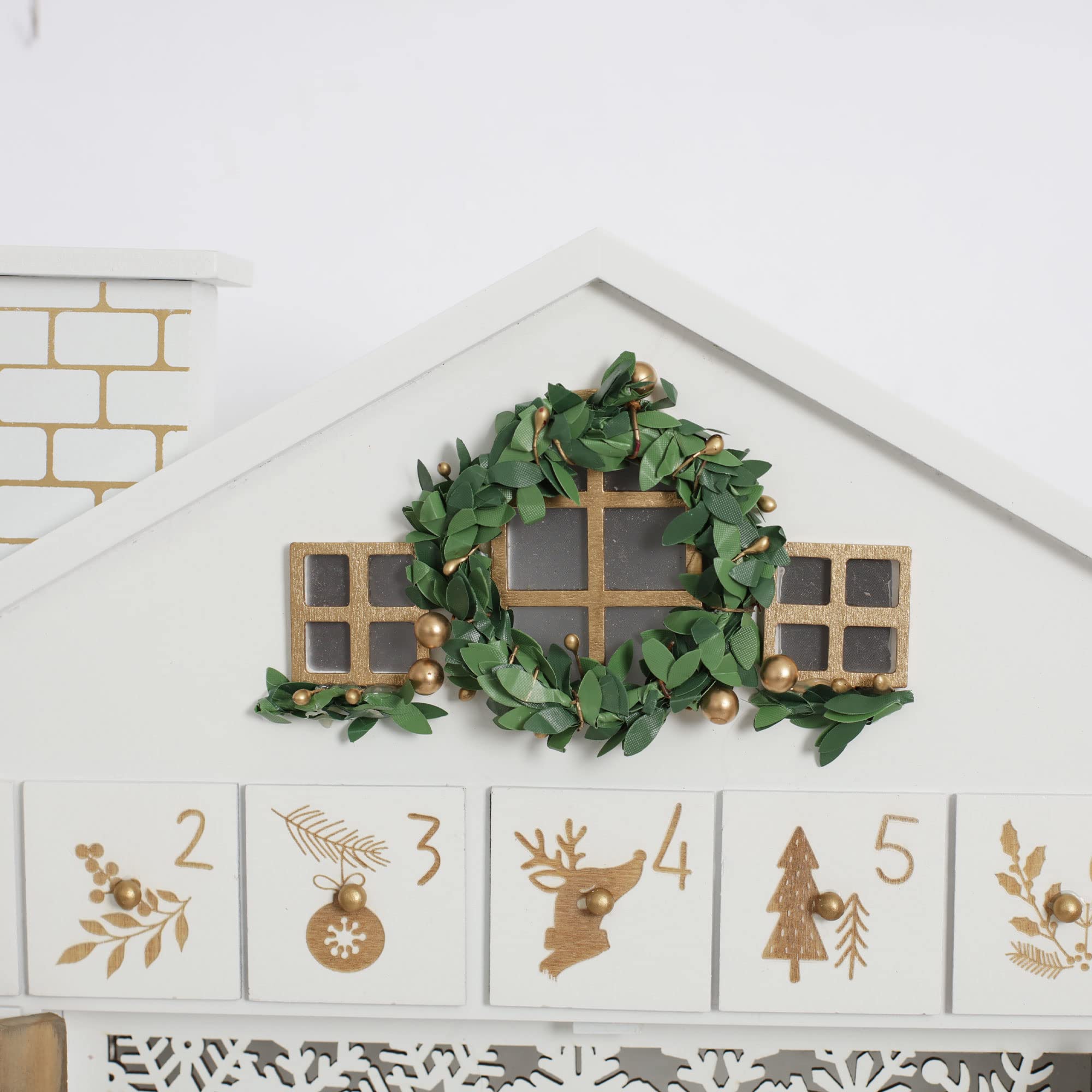 PE Holz Weihnachten Adventskalender Haus mit Jalousien und 24 Schubladen zum Befüllen Weihnachtskalender mit LED-Lichtern Rentier Wald Xmas Geschenke (weiß)