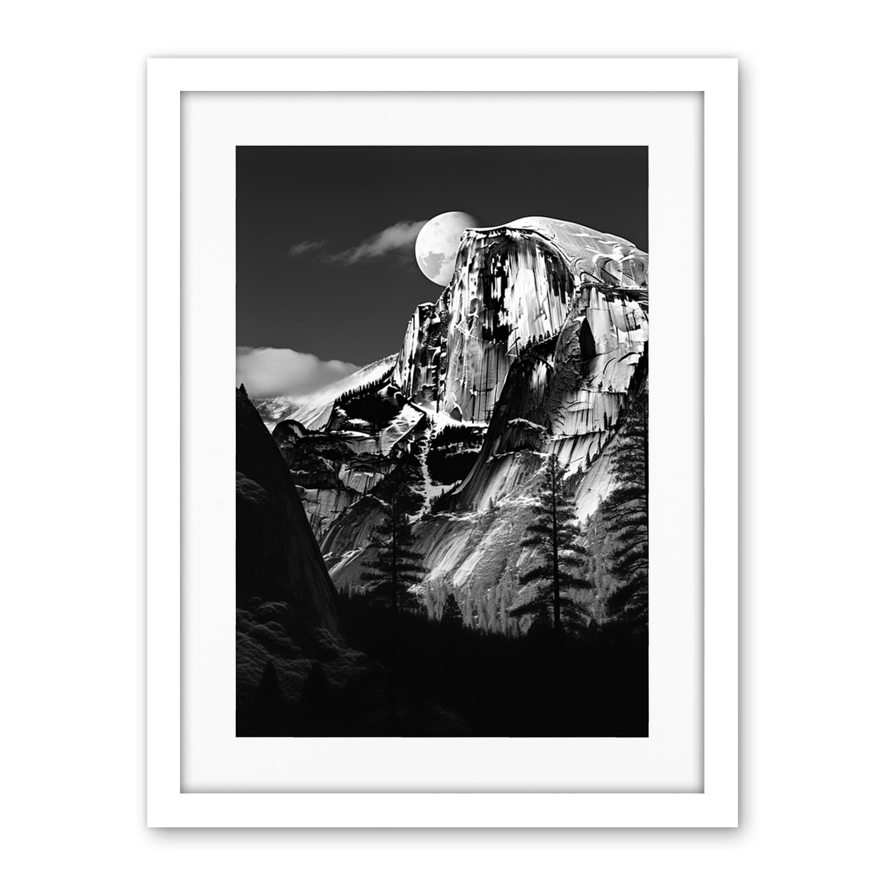 Artery8 Moonrise Behind Half Dome High Contrast Black White Photograph Yosemite National Park Full Moon and Mountain Forest Landscape Artwork Framed Wall Art Print 18X24 Inch