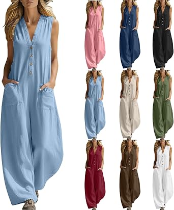 Womens Linen Jumpsuit Sleeveless Casual Wide Legs Rompers Summer Overalls