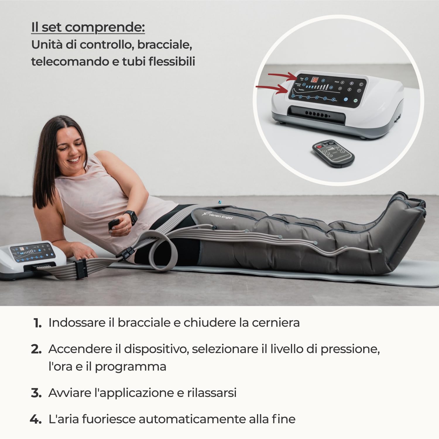 Vein Angel 6 Premium apparecchio per massaggi con gambali, 6 camere d'aria disattivabili, pressione & durata facilmente regolabili, 6 programmi di massaggio, no pressoterapia