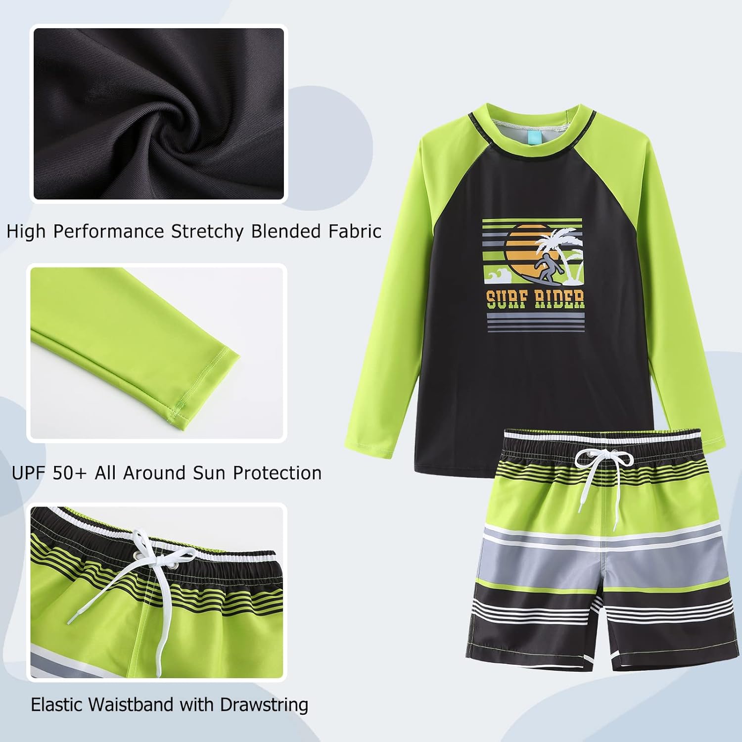Boys Two Piece Rash Guard Swimsuits Set with Swim Trunk Kids Long Sleeve Bathing Suit Swimwear Set