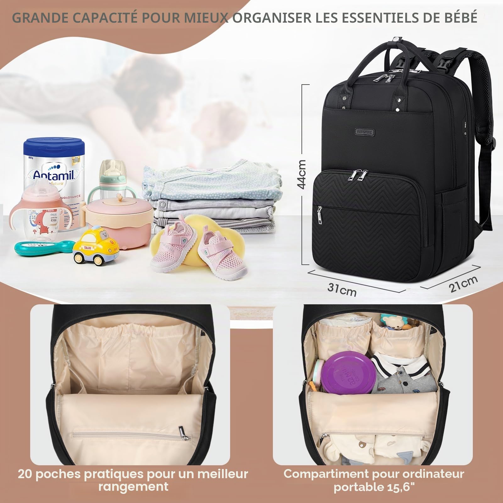 RAINSMORE Sac à Langer Grande Capacité avec Matelas à Langer Portable - Sac à Dos Multifonction avec Sac Isotherme Unisexe Noir