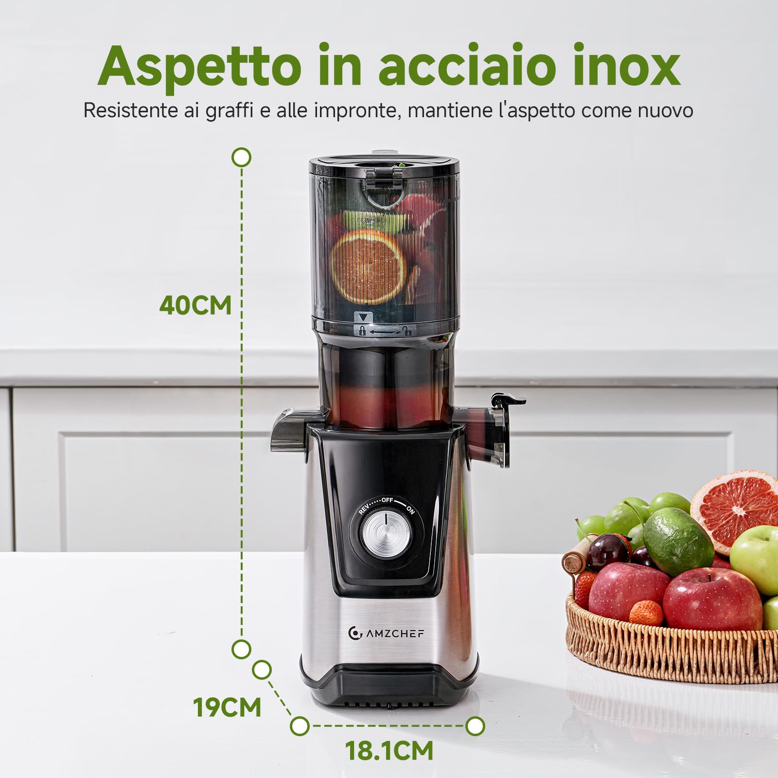 AMZCHEF Estrattore di Succo Lento 118mm Scivolo Largo – Silenzioso, Filtro Doppio, Funzione Inversa – Estrattore Frutta e Verdura Facile da Pulire