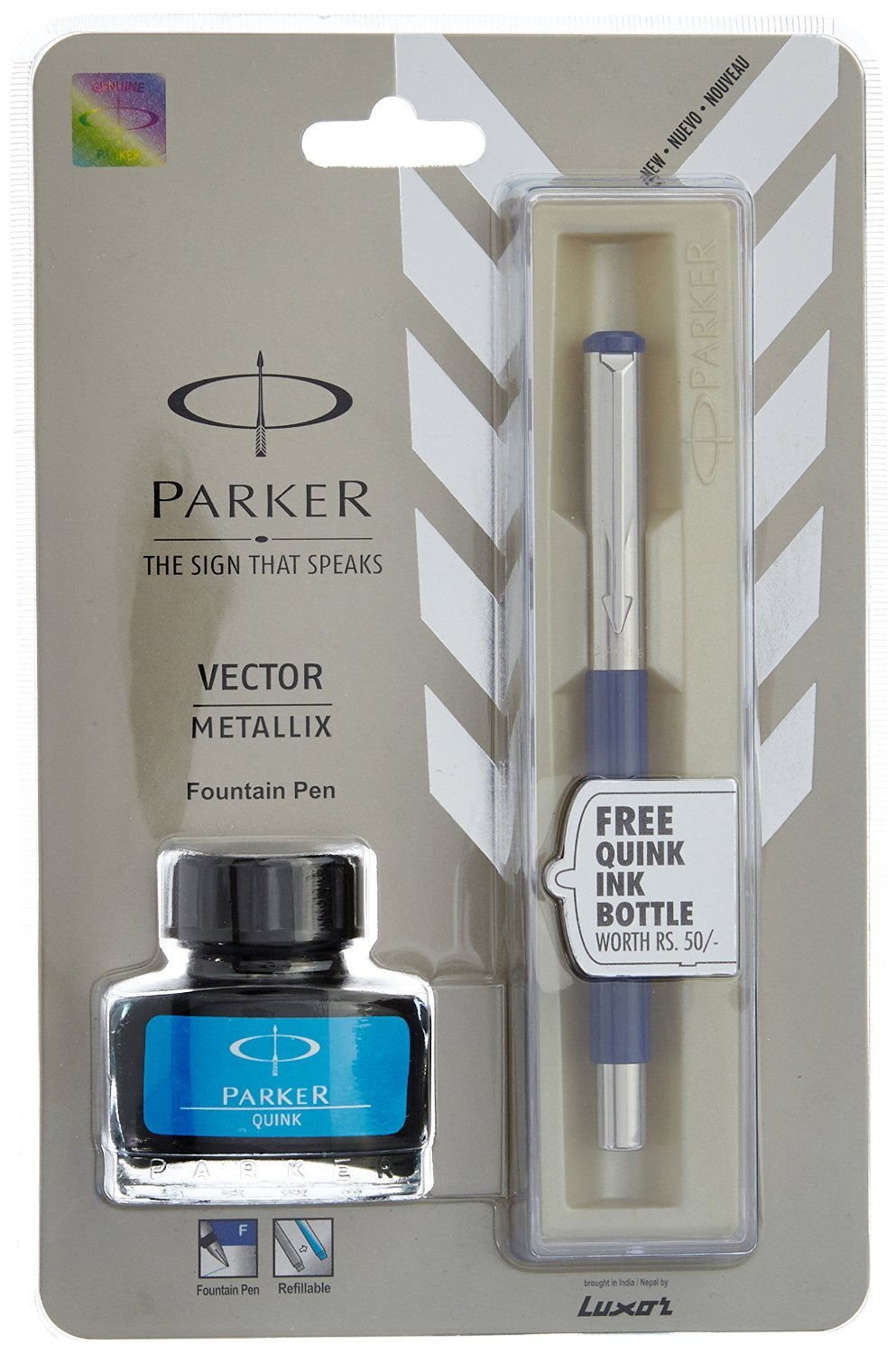 Vector Mettalix Fountain Pen (Blue) with Quick Ink Bottle