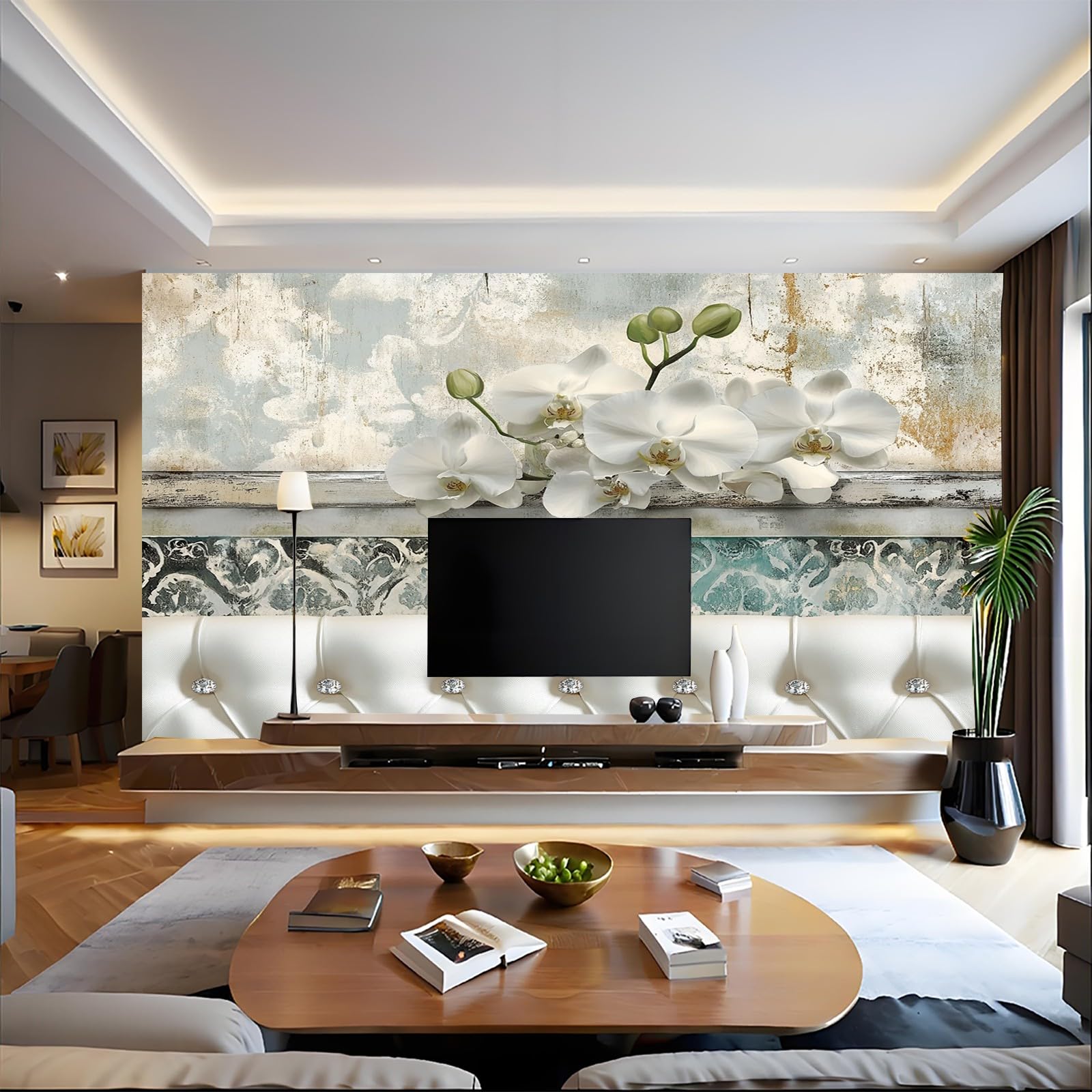 Fototapete Strassknöpfe mit Blumenmuster Vliestapete 300 x 210 cm Weiß 3D Effekt Wandbild Moderne Wandtapete für Schlafzimmer Wohnzimmer