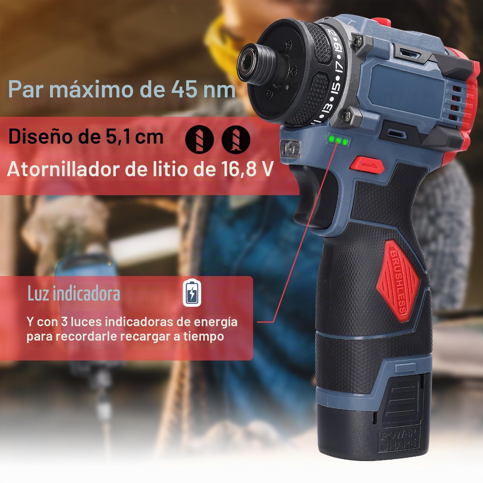 Weytoll Taladro Atornillador Inalámbrico de 16,8 V, Destornillador Inalámbrico con 2 Baterías 1300 mAh, Máximo 45 Nm, Ajuste de par 23+1, 2 Velocidades, Luz LED para Reparación