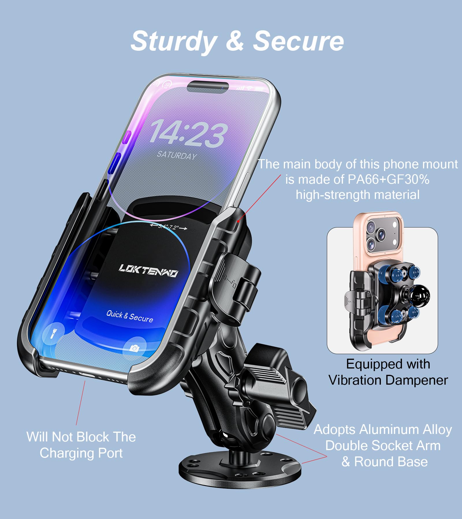 LOKTENWO Anti-Vibrations-Telefonhalterung mit Vibrationsdämpfer [Kamera ohne Blockierung] [1s Lock & Release] mit mittlerem Arm und runder Aluminium-Basis für Auto, LKW, UTV, Boot, passend für