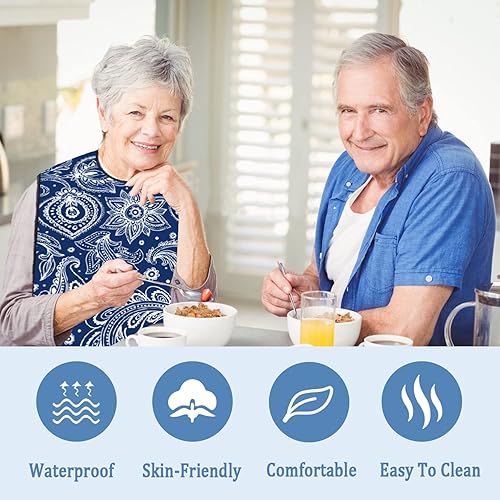 Miniatura 6 de Paquete de 3 baberos para adultos con recogedor de migas, baberos lavables y ajustables para adultos para mujeres mayores, baberos para comer