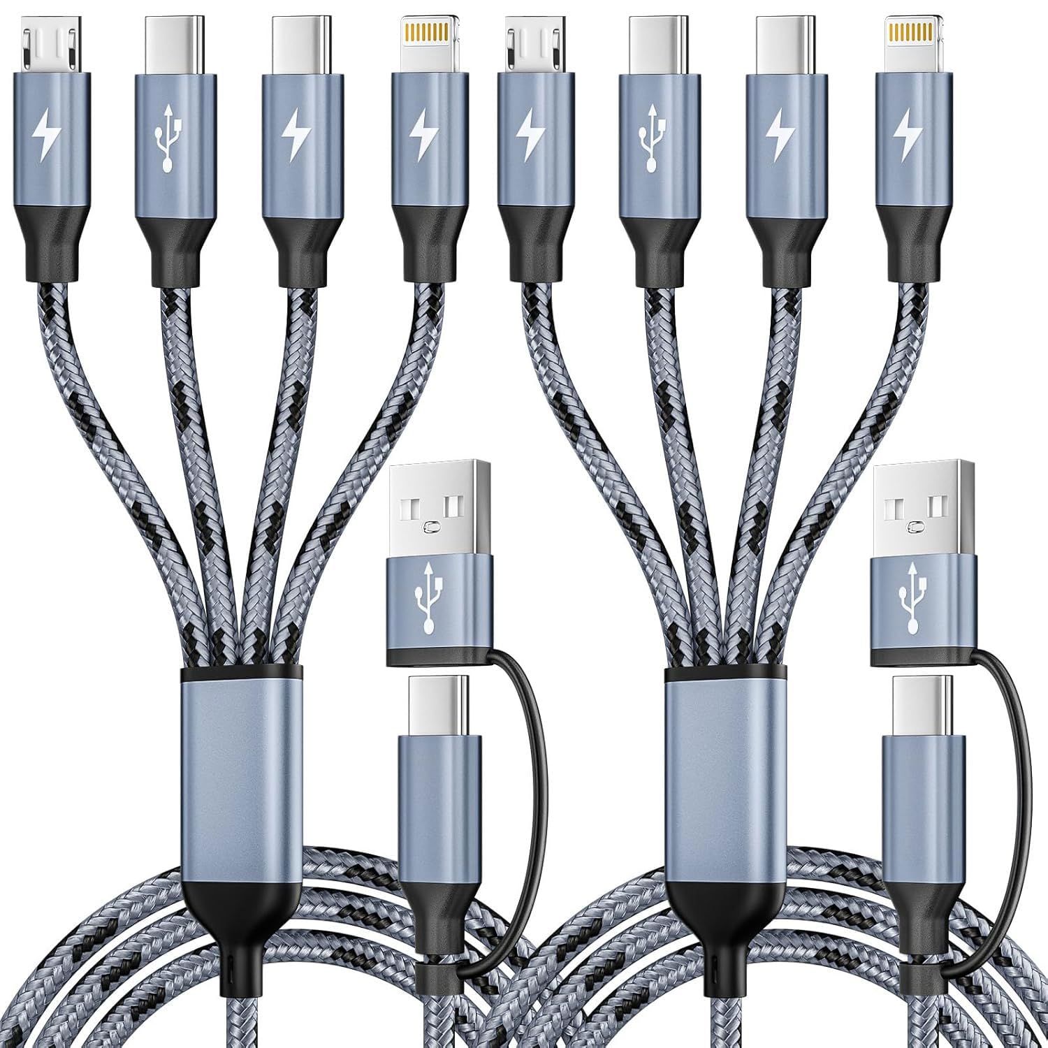 Cavo di ricarica multiplo, 4 in 2, cavi di ricarica per più dispositivi, in nylon intrecciato, universale, cavo di ricarica USB A/C a doppio tipo C/Micro USB/IP per iPhone17/16/15/14/Phone