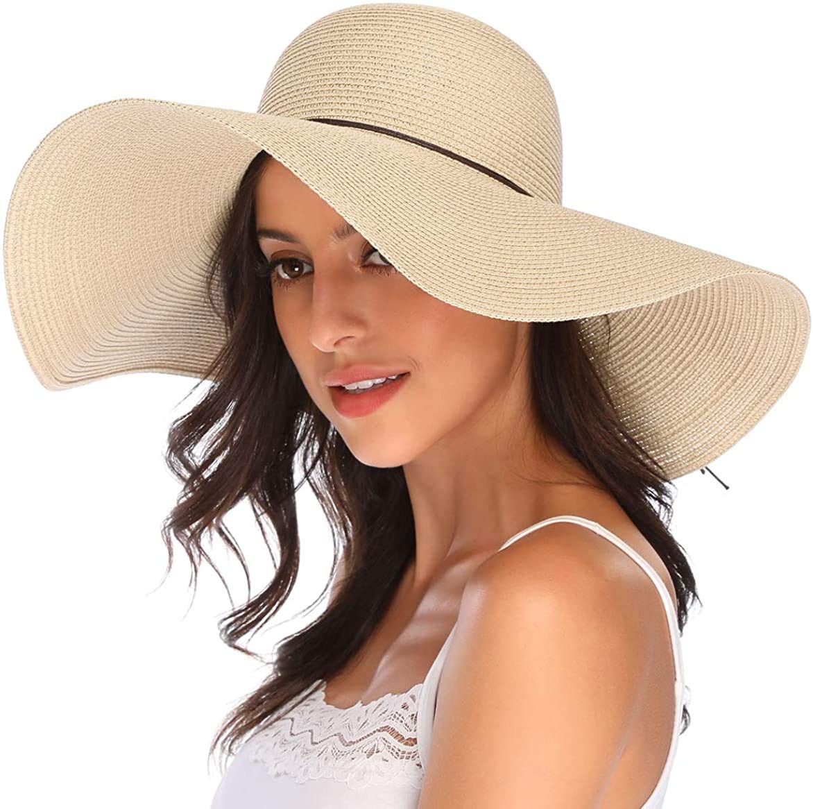 DRESHOW Womens Wide Brim Straw Hat Floppy Foldable Roll up Cap Beach Sun Hat UPF 50+