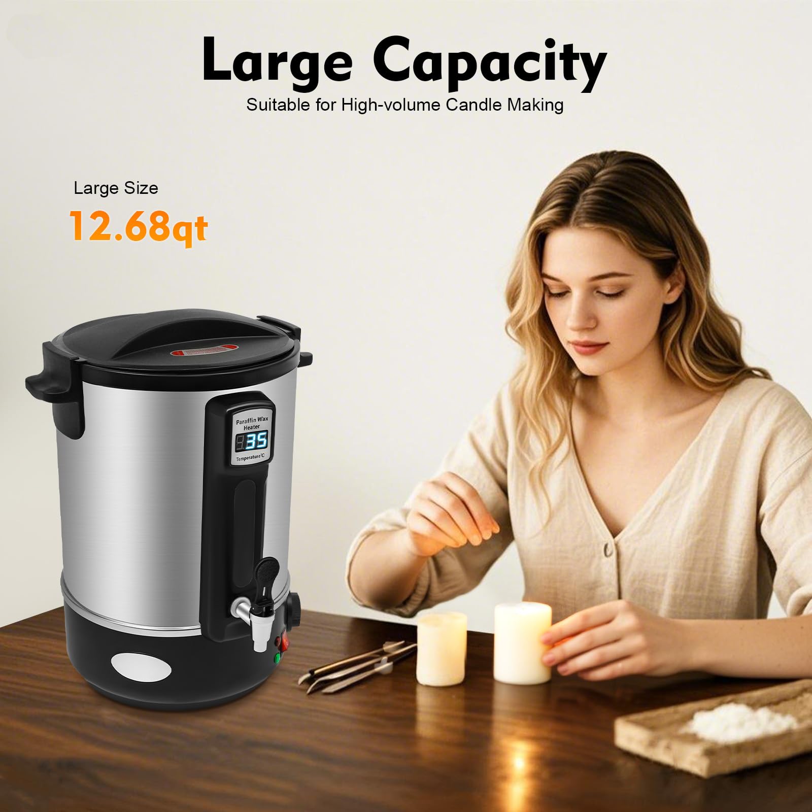 Fundidor de Cera para Velas 12 L con Grifo y Pantalla LED | 1100 W, acero inoxidable 201 y control manual de 30-100 °C para cera de soja, parafina, abeja, coco y gel