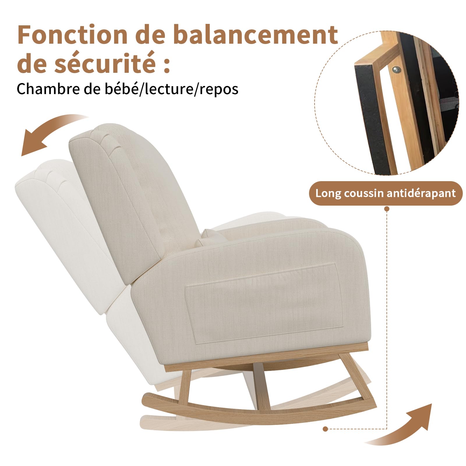 Rocking Chair,Living Room Rocking Chair Interieur,Chaise à Bascule avec Coussin Lombaire,Fauteuil Allaitement en Tissu en Lin avec Pieds en Bois Massif,Beige