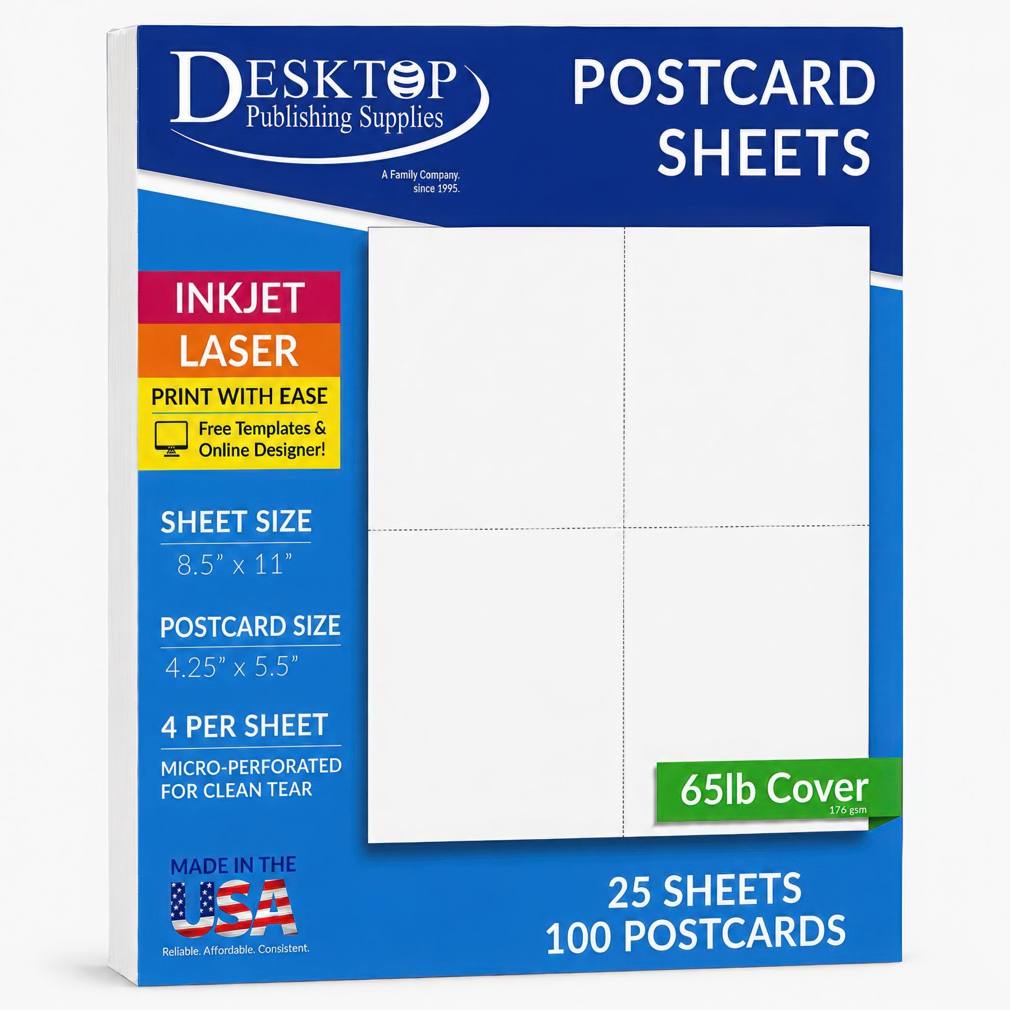 65lb White Printable Postcards - Blank Postcard Paper - Perforated 4 per Sheet - for Inkjet/Laser Printers - 25 Sheets / 100 Postcards