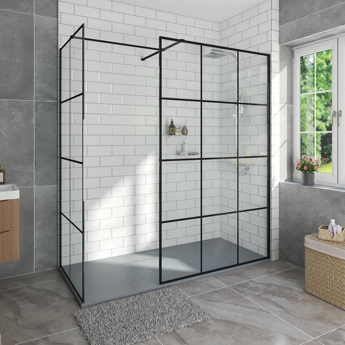 Aquariss 1600x700mm Black Walk in Shower Enclosure Wet Room 8mm Grid Easy Clean 1100mm + 700mm Shower Screen, Anthracite Tray and Waste