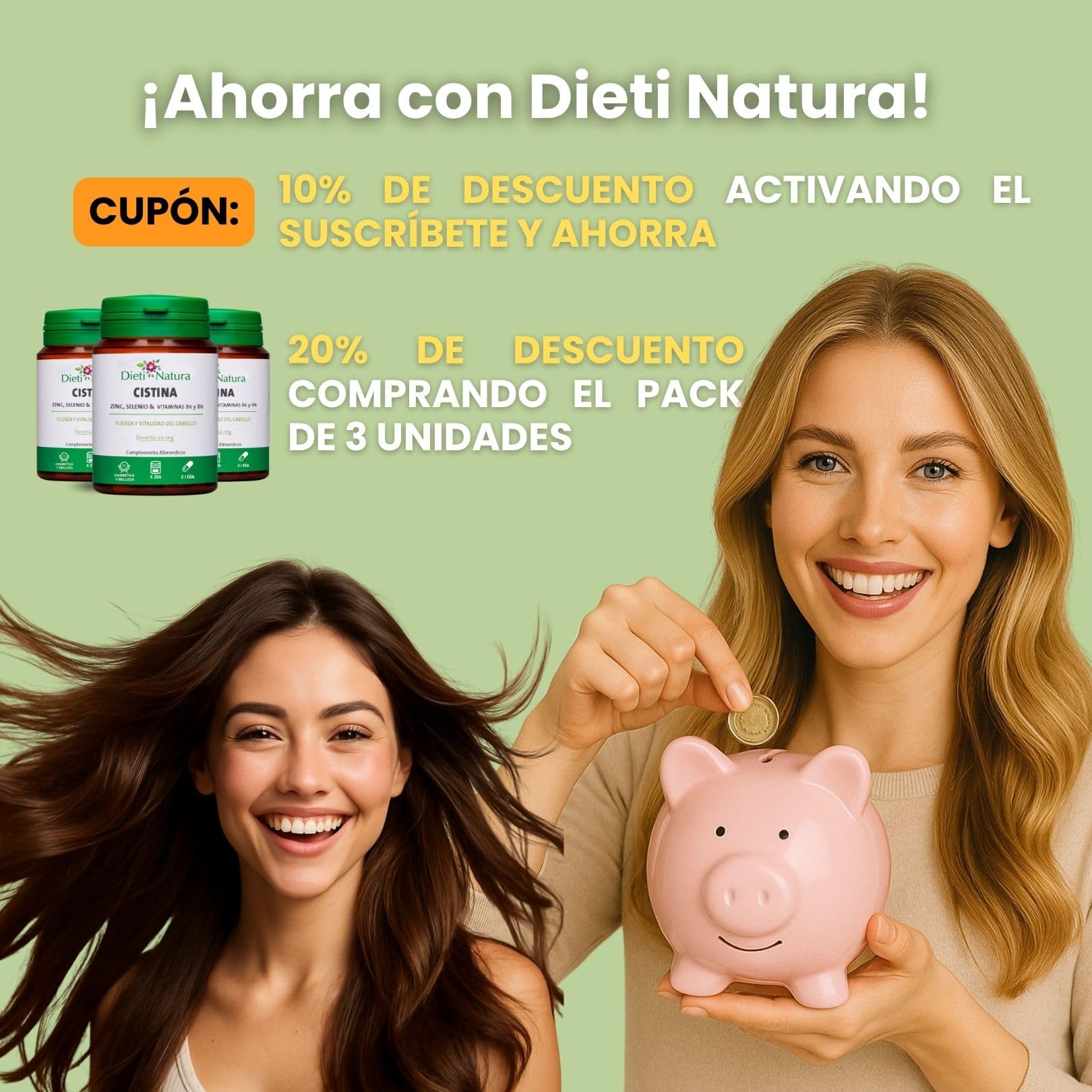 Dieti Natura 200 Cápsulas de Cistina para el Cabello con Vitamina B6 - Vitaminas para el Cabello Mujer y Hombre - Previene la Caída del Cabello - Hair Vitamins (600 Cápsula)