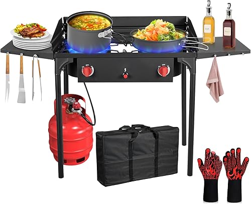 Llamaviva - Estufa de gas propano de 2 quemadores, estufa de 150,000 BTU para exteriores con estantes laterales, quemadores de gas para cocinar al