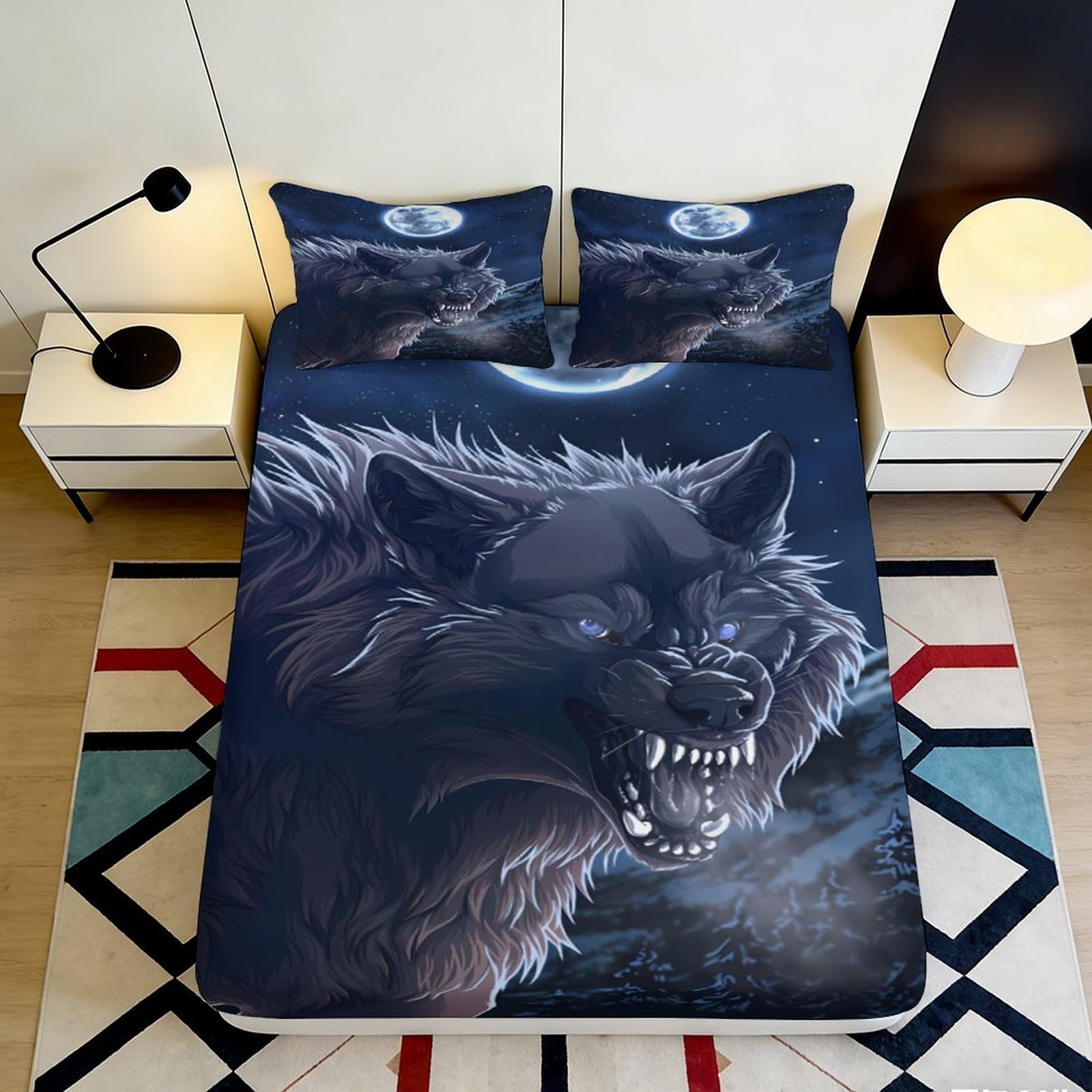 3D Printed Dark Wolf Fitted Sheet Microfiber Soft Breathable Moonlight Bed Cover for Bedroom Dormitory Guest Room Mattress Protection 180x200x25cm
