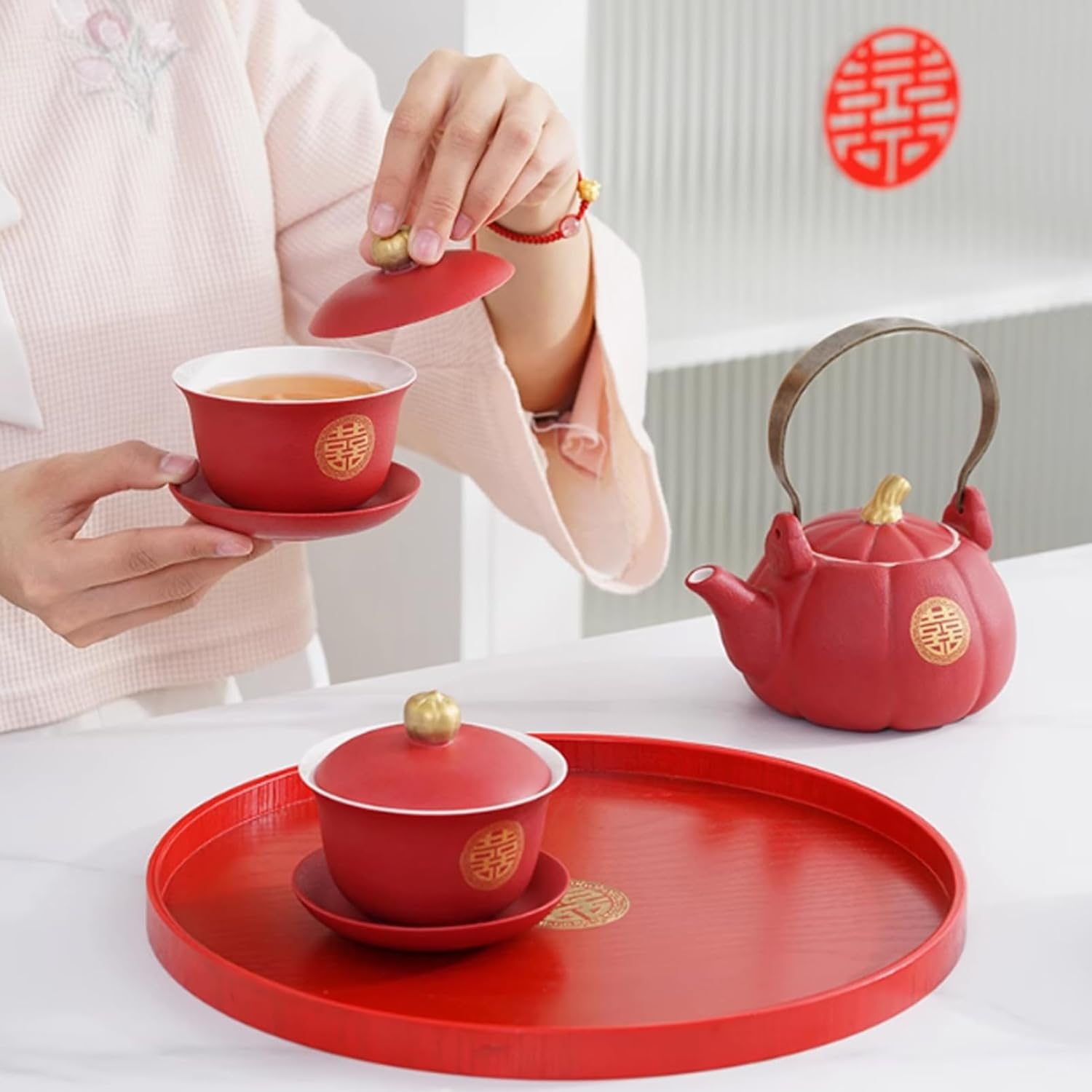 Chinese Porcelain Tea Set,Handmade Ceramic Tea Set Chinese Traditional Handmade Porcelain Red Wedding Tea Sets 4 Tea Cups 1 Tea Pot 1 Round Tray with Gift Box
