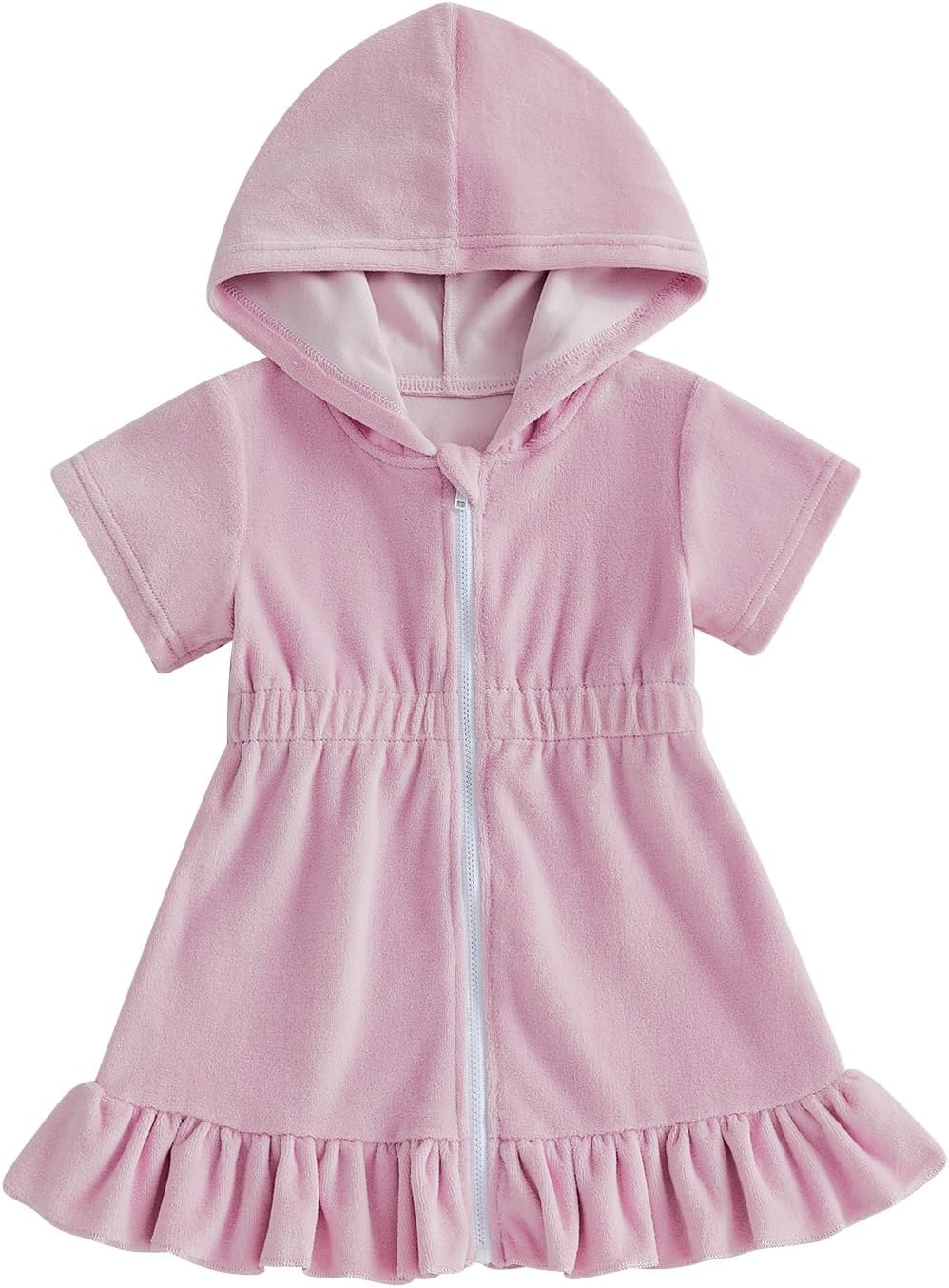 Nituyy Toddler Baby Girls Swim Cover Up Terry Cloth Hooded Ruffled Bathing Suit Cover Up Zipper Elastic Waist Beach Cover-Up