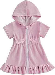 Nituyy Toddler Baby Girls Swim Cover Up Terry Cloth Hooded Ruffled Bathing Suit Cover Up Zipper Elastic Waist Beach Cover-Up