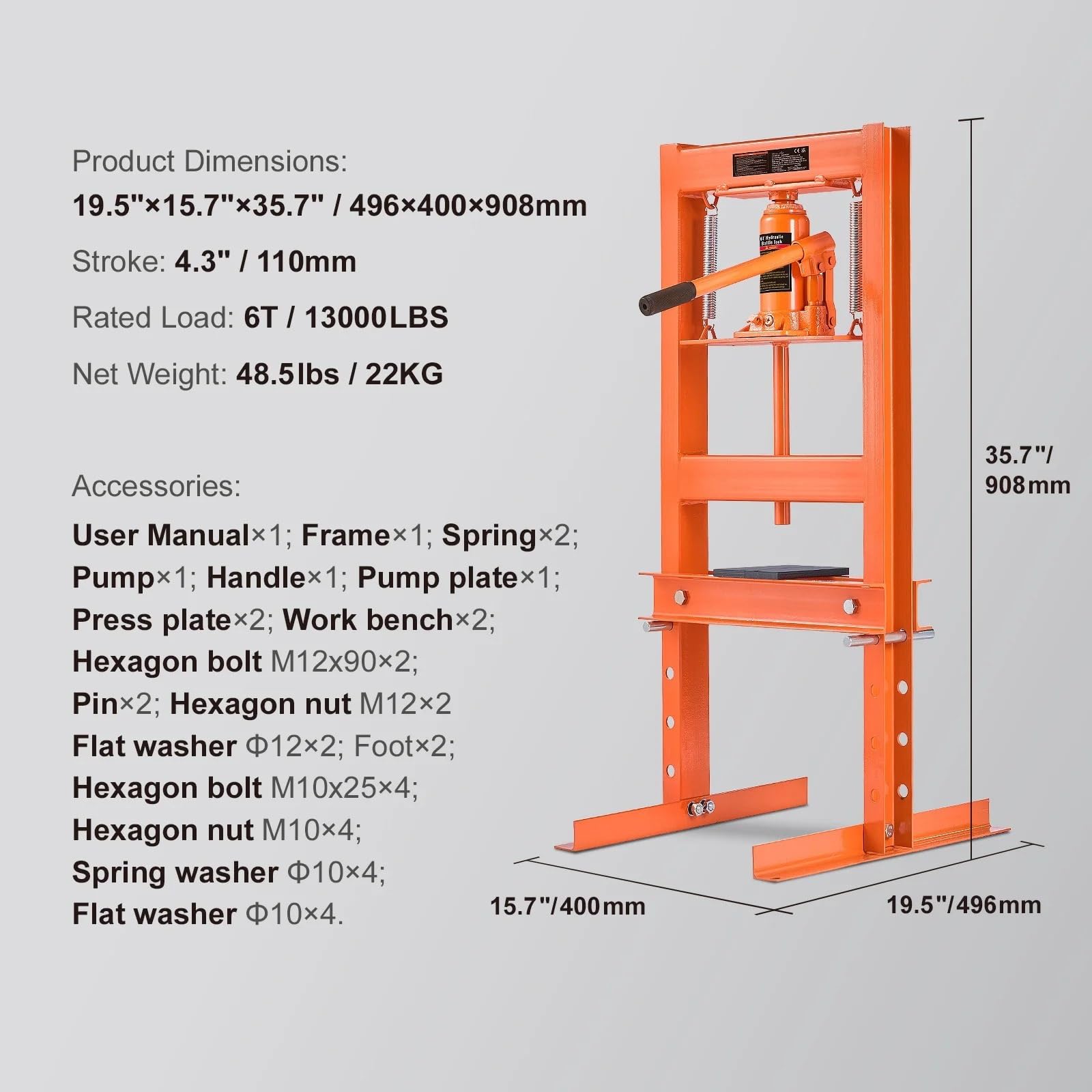 Pressa idraulica per Officina 6T con Telaio ad H per Garage/Officina con Piastre per Officina in Garage