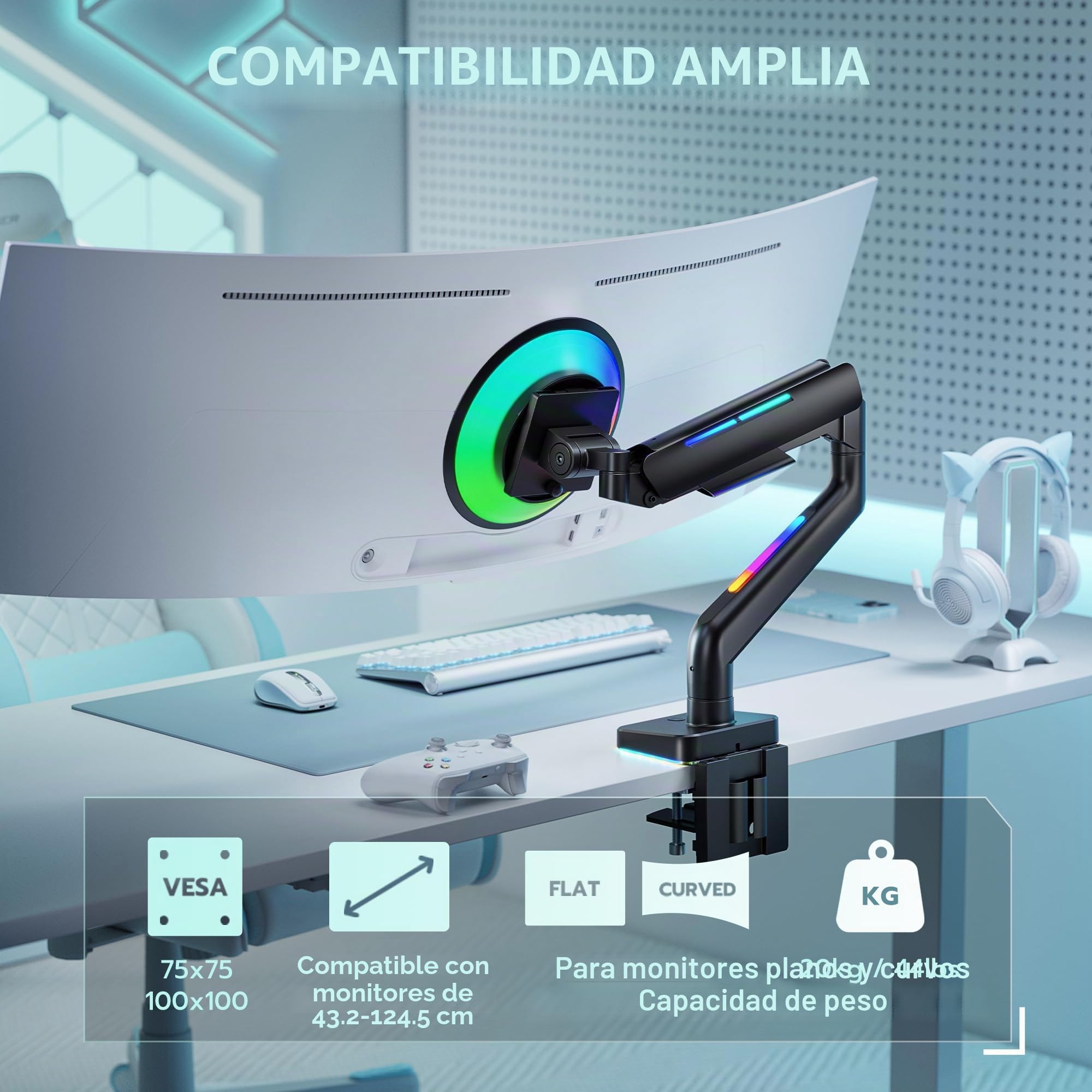 ARES WING Ergonomic Brazo de Monitor RGB para monitores de 17 a 49", Blanco | Capacidad de Carga de hasta 20 kg, Resorte de Gas, diseñado para Gamer