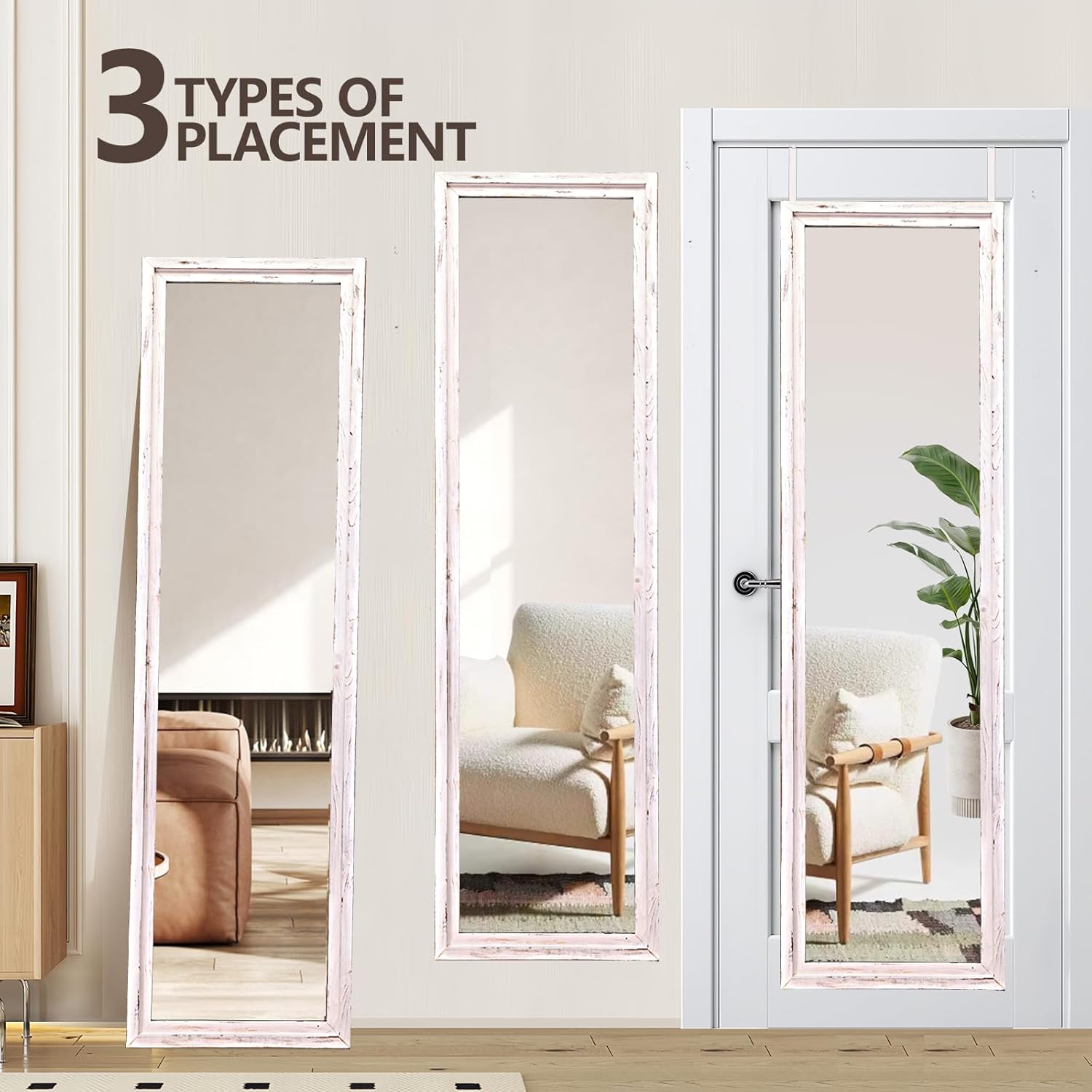 50"x16" Door Mirror, Rustic Full Length Mirror, Over The Door Hanging Mirrors Full Length, Wooden Hanging Mirrors for Bedroom, Bathroom, White