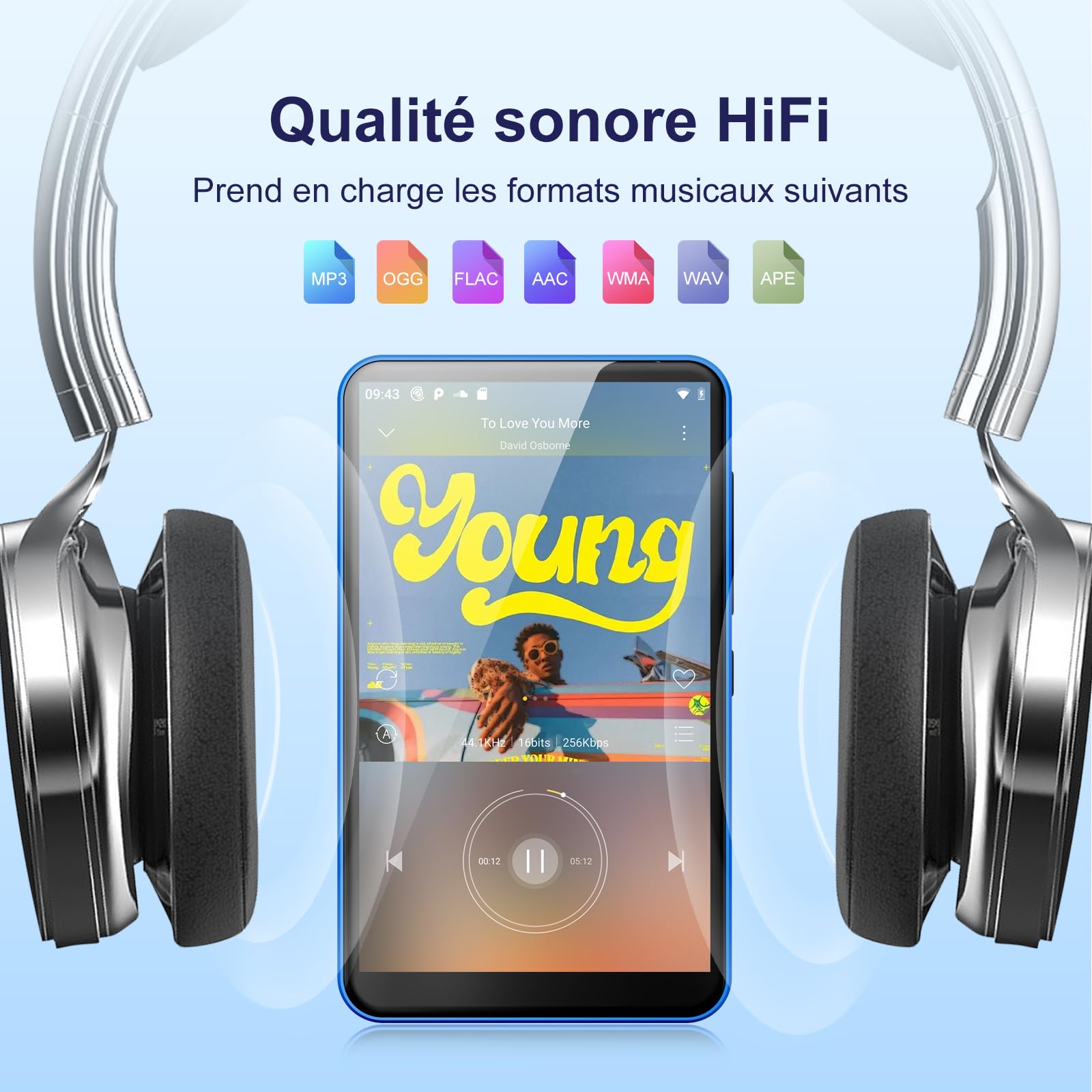 Lecteur MP3 16 Go avec Bluetooth et Wi-Fi, lecteur MP3 et MP4 Android avec écran tactile de 4 pouces et haut-parleur, lecteur de musique Spotify 2000 mAh avec Spotify Kids, Audible, Amazon