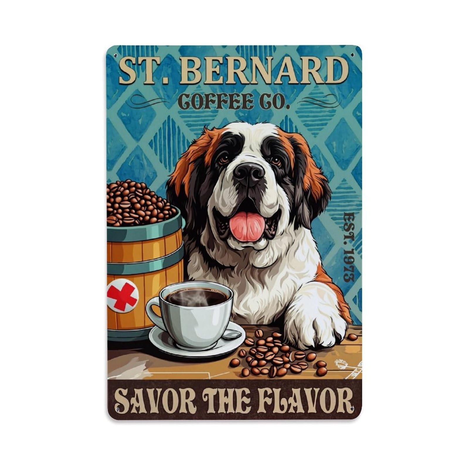 Jdfenggu Vintage St Bernard Coffee Dog Barrel Cup Beans Retro Metal Tin Sign, Decor Art Poster For Bar, Home, Man Cave, Kitchen, Laundry Room Gift 8X12inch