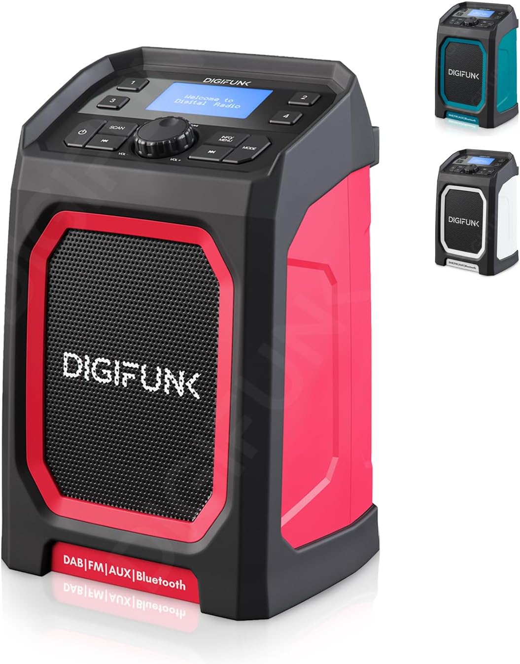 DigiFunk Work Site Radio | USB Rechargeable | DAB+, DAB, FM, Bluetooth, AUX Input | IP65 Waterproof Rugged Durable Design | Perfect for Builders, Outdoors, Warehouse, Garage, DIYer, Shed | Red