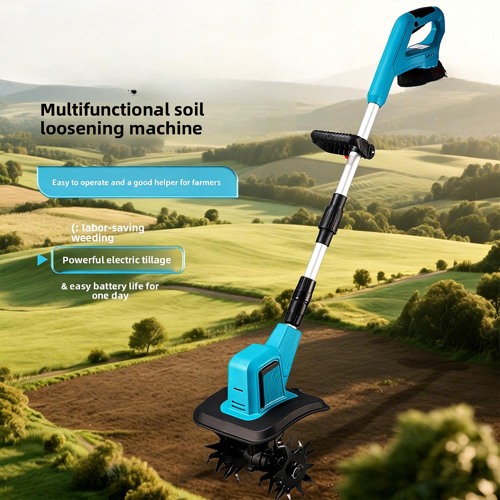 Zappatrice per Terreno A Batteria, Motozappa Elettrica da Giardino da 550 W con 2 * 13000 mAh E 4 Lame in Acciaio al Manganese, Potente Attrezzo da Giardino per Coltivatore per Diserbo E 1 Batteries