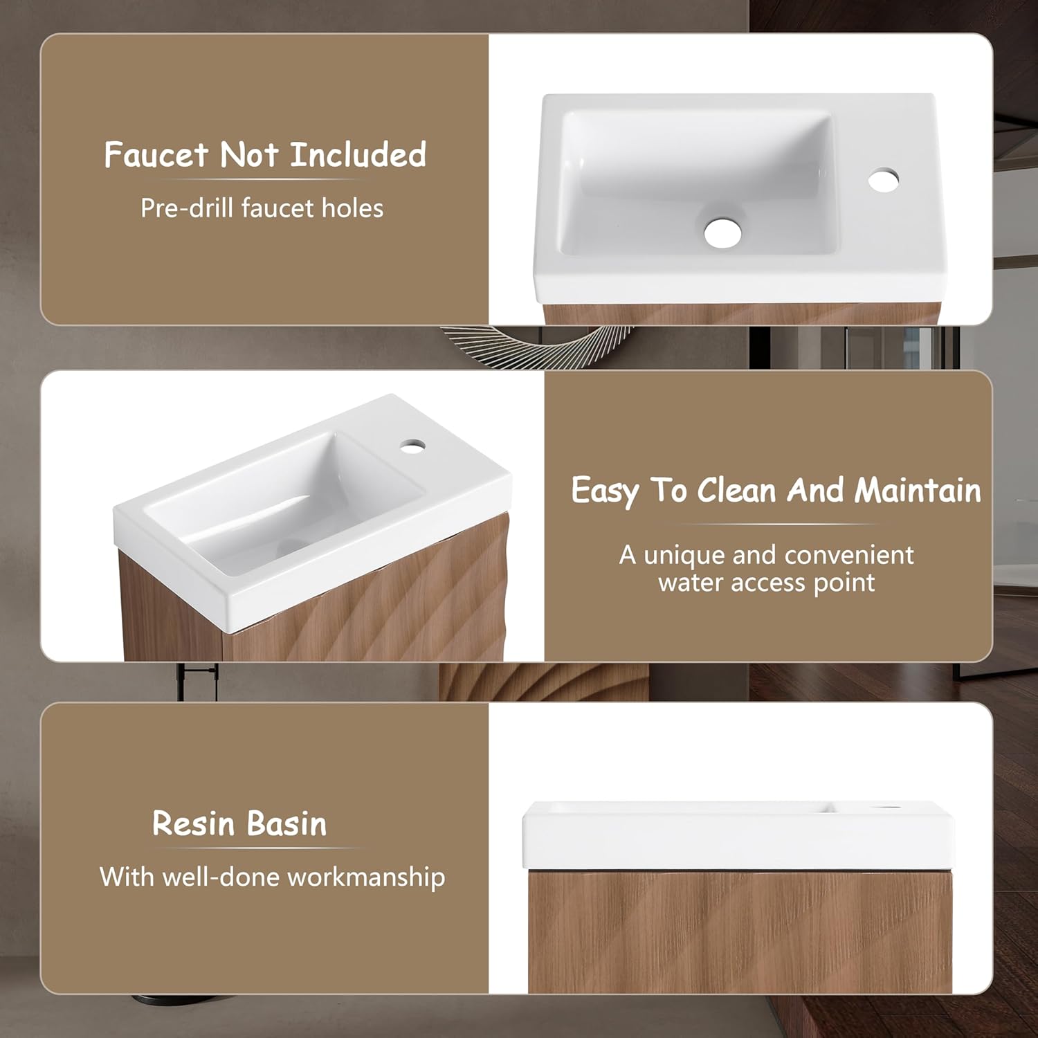 18 inch Bathroom Vanity with Sink Combo, Wall Mounted Bathroom Cabinet with Resin Basin Top & 3D Carved Soft-Close Door, Modern Floating Bathroom Vanity for Small Space, Walnut