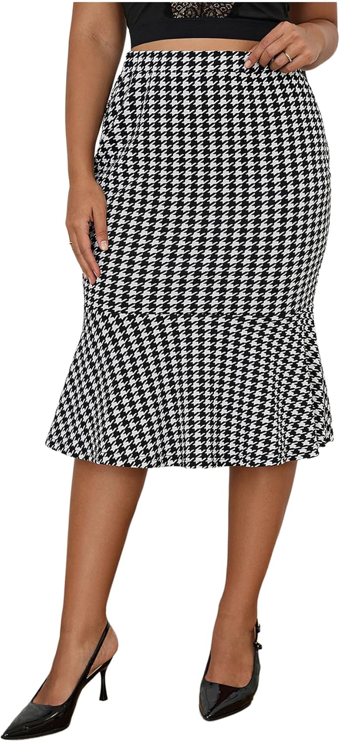 MakeMeChic Women's Plus Size Houndstooth Pencil Skirt High Waisted Ruffle Hem Bodycon Midi Skirts