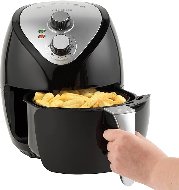 Progress EK2818HPH Go Healthy Hot Air Fryer, Manual Oil-Free Fryer, Removable Non-Stick Cooking Plate, 30 Minute Timer and Adjustable Temperature Control, 3.2 Litre Capacity, Black/Silver, 1300W