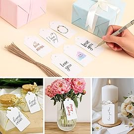 SallyFashion 100pcs Gift Tags with String Attached, 2 x 4 inch Kraft Paper Hang Tags for Clothes DIY Crafts Wedding Holiday (White)