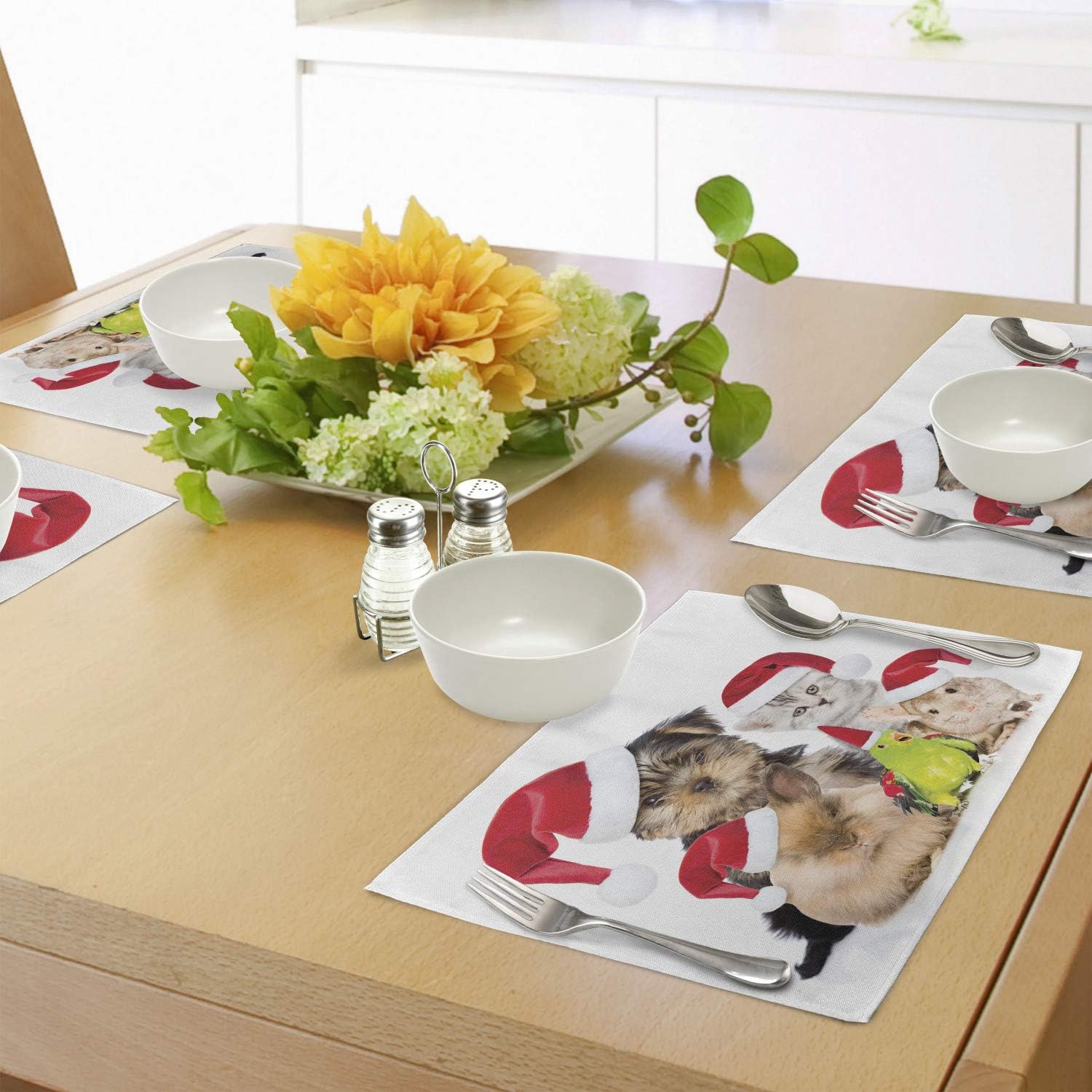 Ambesonne Christmas Place Mats Set of 4, Xmas Crew Cat Dog Bird Mouse and Rabbit Bunny with Santa Hats Grumpy Pets Picture, Washable Fabric Placemats for Dining Table, Standard Size, Red Brown