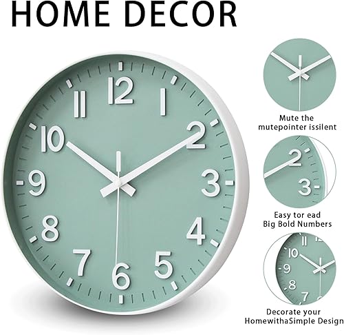 Miniatura 3 de HZDHCLH Reloj de pared con pilas, reloj de pared verde, reloj de pared de 12 pulgadas, silencioso, sin tictac, números 3D modernos para cocina,