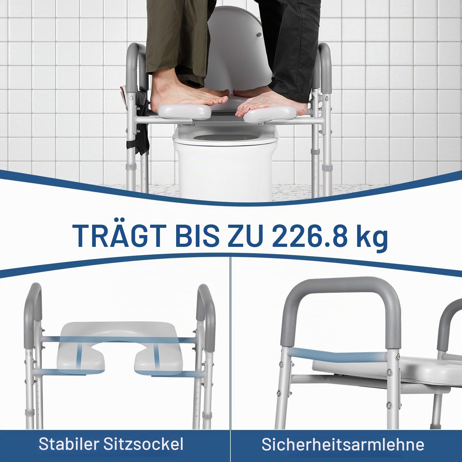 Höhenverstellbare Toilettensitzerhöhung für Senioren | bis 227kg, Mit Aufbewahrungstasche, gepolsterte Toilettensitzerhöhung mit Griffen für Senioren, Schwangere, Behinderung