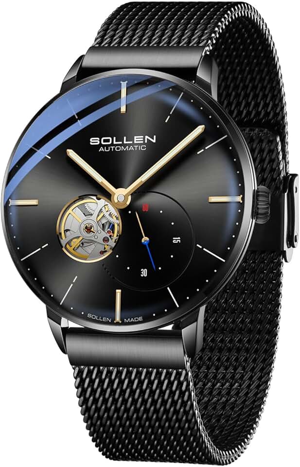 SOLLEN Black Men&#x27;s Skeleton Watches, Stylish Minimalist Automatic Mechanical Watches, 30M/3ATM Waterproof Cool Self-Winding Watch with Luminous Hands & Seconds Subdial, Casual Fashion Business Luxury Watch for Daily Use - 42mm