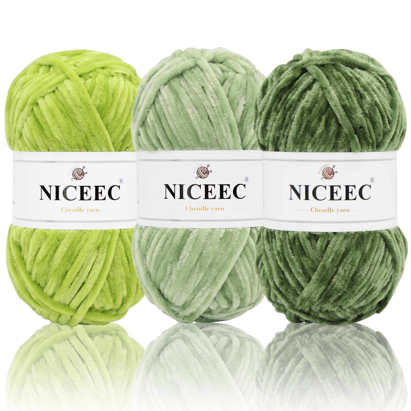 NICEEC 3 Skeins Soft Chenille Yarn Blanket Yarn for Knitting Fancy Yarn for Crochet Weaving DIY Craft Total Length 3×85m (3×93yds, 3×50g)_Green Series