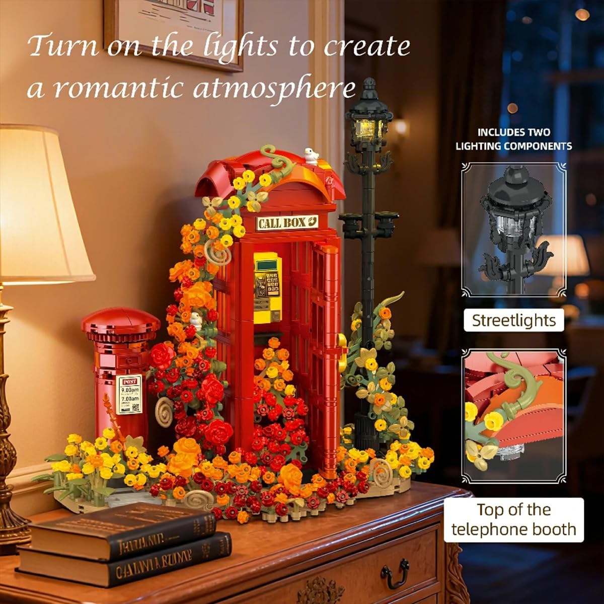 London Retro Red Telephone Booth Architecture Set with LED Lighting, Creative Flores Phone Box for The Office and Home Set, Adult Collector Decor 1142pcs