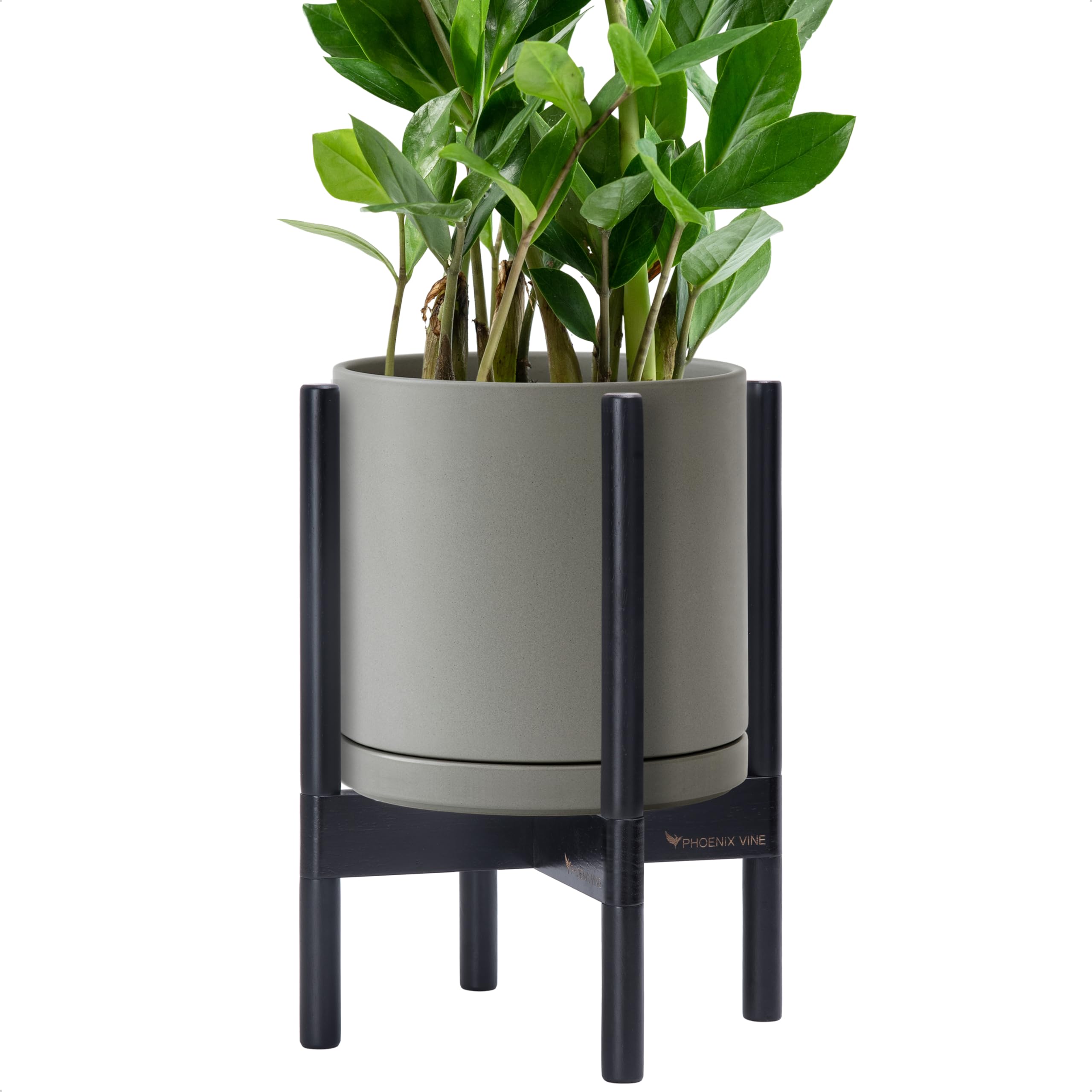 D'vine Dev Ceramic Planter with Ebony Stand - 10 Inch Modern Round Flower Pot with Wood Planter Holder, Grey, 55-B-L-3 with tan holder 