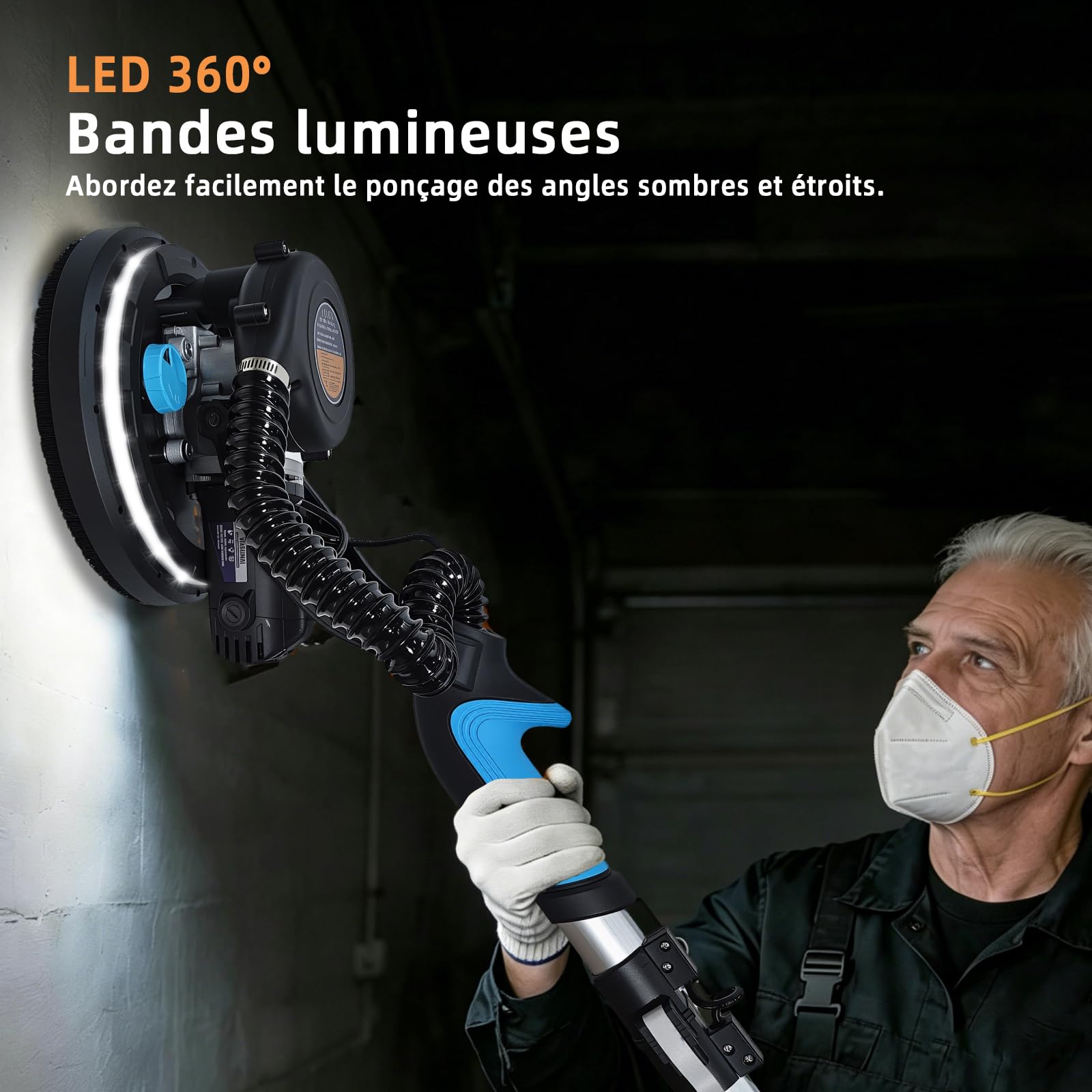 Lijadora de jirafa, lijadora de pared profesional 750 W con colector de polvo, lijadora eléctrica para techos y paneles de yeso de 7 velocidades variables (azul)
