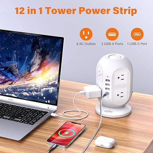 Miniatura 2 de Regleta de alimentación con protector de sobretensiones de torre de 10 pies con 8 tomas, 4 puertos USB (1 USB C), cable de extensión de enchufe